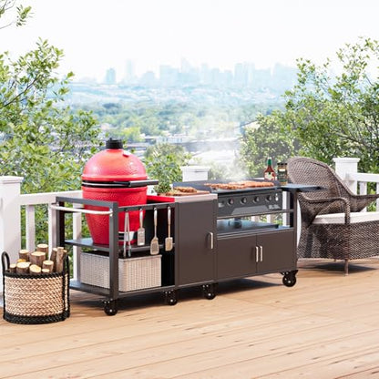 GDLF Outdoor Grill Cart for Big Green Egg& Blackstone Griddle, Metal Grill Table Compatible with Large Big Green Egg and 28"/36" Blackstone Griddle, Waterproof Cover Included