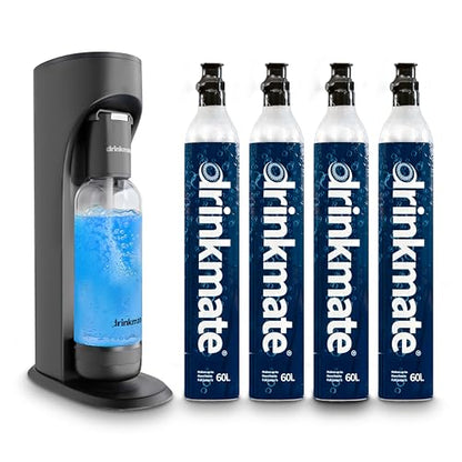 Drinkmate OmniFizz Sparkling Water Maker & Soda Streaming Machine | Carbonates Any Drink | PREMIUM KIT | Includes Four 60L CO2 Cartridges + One BPA-Free Bottle (Matte Black)