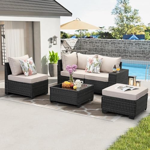 SunloungeCo 5 Pieces Outdoor Patio Furniture Set, Wicker Conversation Sets with Tea Table, Rattan Patio Sofa with Thick Cushions for Garden, Backyard, Poolside, Party, Beige