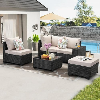 SunloungeCo 5 Pieces Outdoor Patio Furniture Set, Wicker Conversation Sets with Tea Table, Rattan Patio Sofa with Thick Cushions for Garden, Backyard, Poolside, Party, Beige