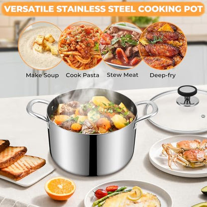 Tri-Ply Stainless Steel Stock Pot, 8 Quart Heavy Duty Induction Cooking Pot with Visible Lid for Pasta, Soup, Spaghetti, Sturdy & Double Handle, Dishwasher Safe