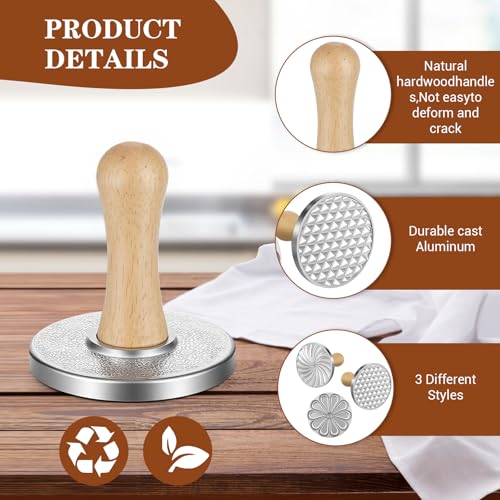 3PCS Aluminum Alloy Cookie Press Embossing Stamps with 5-Piece Round Stainless Steel Fluted Mousse Rings Set, Wood Handle Metal Mold Cutter Tools for DIY Baking Cookies Cakes Pastries Decorating