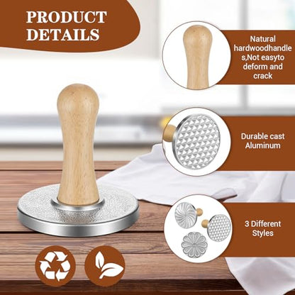 3PCS Aluminum Alloy Cookie Press Embossing Stamps with 5-Piece Round Stainless Steel Fluted Mousse Rings Set, Wood Handle Metal Mold Cutter Tools for DIY Baking Cookies Cakes Pastries Decorating
