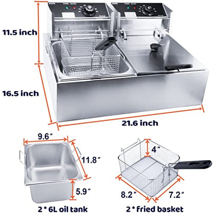 Commercial Deep Fryer with Basket, 3400W 12.7QT/12L, Detachable Large Capacity Stainless Steel Countertop Electric Oil Fryer with Temperature Control for Restaurant or Home Use