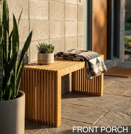Bamboo Natural 36 inch Wooden Bench, Small Wood Benches for Entryway, Living & Dining Room, Kitchen, Bedroom, Bathroom, Hallway, Front Door, For Indoor & Outdoor Patio Use, Mid Century Modern Decor