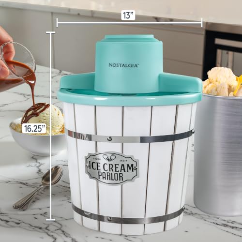 Nostalgia Electric Ice Cream Maker – Wood Bucket Parlor Style, Old Fashioned Soft Serve Ice Cream Machine Makes Frozen Yogurt or Gelato in Minutes - Fun Kitchen Appliance – White & Aqua - 4 Quart