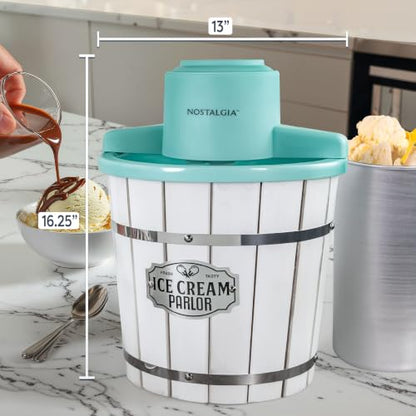 Nostalgia Electric Ice Cream Maker – Wood Bucket Parlor Style, Old Fashioned Soft Serve Ice Cream Machine Makes Frozen Yogurt or Gelato in Minutes - Fun Kitchen Appliance – White & Aqua - 4 Quart