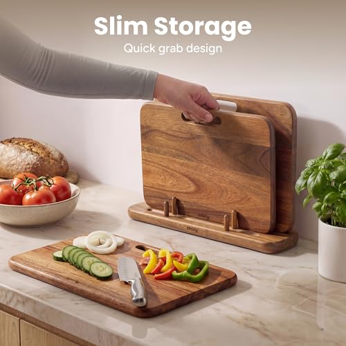 SMIRLY Wooden Cutting Boards for Kitchen, Double-Sided Cutting Board with Handle, Heavy Duty Solid Acacia Wood Cutting Board Set with Stand, 3 Pcs Cutting Boards Non Toxic for Meat Vegetable Fruit