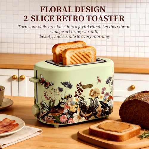 INFOOD Retro Toaster 2 Slice - 6 Toast Settings, Cancel/Defrost/Reheat Buttons, Built-in Warming Rack & Removable Crumb Tray, 1.5 Inches Extra Wide Slots, 750W, Floral Design