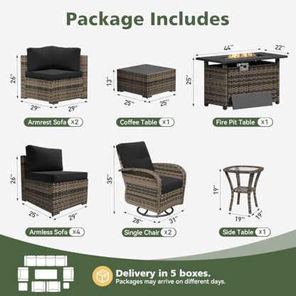 Aoxun 11 Piece Outdoor Patio Furniture Set with 44'' Fire Pit Table, Wicker Rattan Outdoor Furniture with High Back Swivel Rocker Chairs, Outdoor Sofa Set with Thick Cushion & Side Table, Black