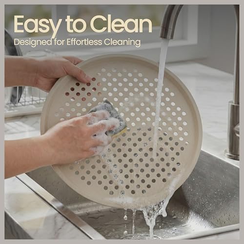 Bakken Pizza Baking Pan - Round Perforated Carbon Steel Pan with Non-Stick Marble Coating, Oversized Silicone Handle, Dishwasher Safe, High-Temperature Resistant, Durable & Easy Cleanup White, 2 Pack