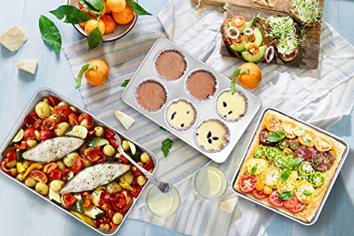 TeamFar Stainless Steel Bakeware Set, 13-Piece Metal Baking Roasting Pans with Lid, Rectangular/Square/Round/Lasagna/Loaf/Muffin Cake Pans, Non-Toxic & Sturdy, Smooth & Dishwasher Safe