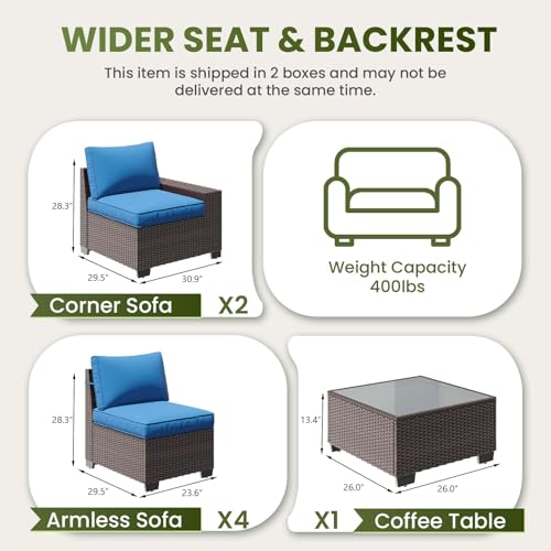 OUGMMGOU 7-Piece Outdoor Patio Furniture Set, 6-Seat All-Weather PE Rattan Wicker Patio Sectional Furniture Set with Coffee Table, 450 lb Capacity