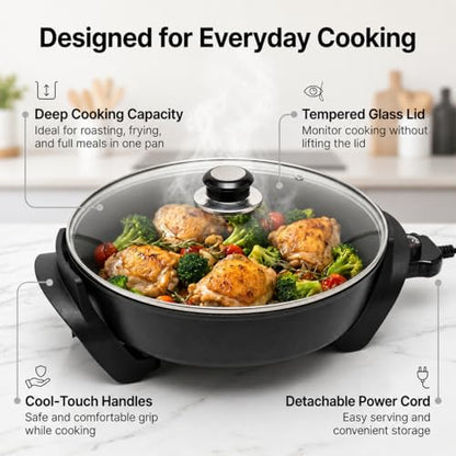 Moss & Stone Round Electric Skillet with Lid – 12x12 Inch Aluminum Nonstick Electric Frying Pan 5Qt, Adjustable Temperature Control, Vented Glass Lid, Dishwasher Safe, Heat-Resistant Handles