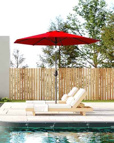 GarveeLife 9 ft Outdoor Patio Umbrella, Table Market Umbrella With Push Button Tilt and Crank, 8 Sturdy Ribs UV Protection Waterproof for Garden, Deck, Backyard, Pool (Red)