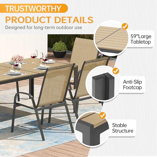 PIZZELLO 7-Piece Outdoor Dining Set Patio Dining Set for 6 Outdoor Table and Chairs All Weather Outdoor Patio Set w/Stackable Patio Chairs and HDPE Table for Backyard, Garden and Poolside, Khaki