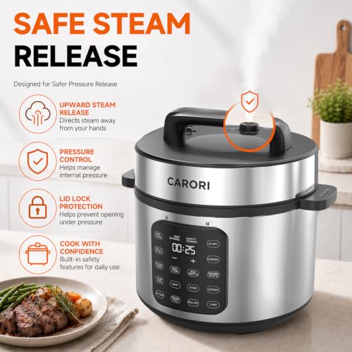 CARORI 8Qt Electric Pressure Cooker, 9-in-1 Multifunction, IMD Touchscreen, Non-Stick Pot. 1200W for Instant Feast. Olla de Presion (Ollas). Safe Venting.Rice,Slow,Steamer, Sauté, Warmer, Silver