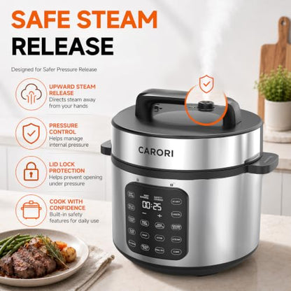 CARORI 8Qt Electric Pressure Cooker, 9-in-1 Multifunction, IMD Touchscreen, Non-Stick Pot. 1200W for Instant Feast. Olla de Presion (Ollas). Safe Venting.Rice,Slow,Steamer, Sauté, Warmer, Silver