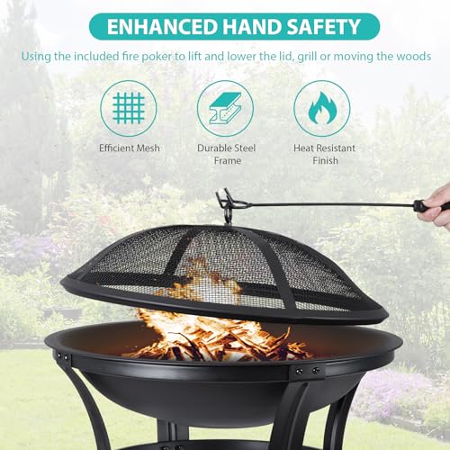 22 Inches Portable Fire Pit Outdoor Wood Burning Steel Lightweight BBQ Grill Firepit Bowl with Log Grate&Poker for Outside Patio Campfire Bonfire Backyard