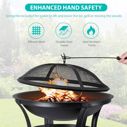 22 Inches Portable Fire Pit Outdoor Wood Burning Steel Lightweight BBQ Grill Firepit Bowl with Log Grate&Poker for Outside Patio Campfire Bonfire Backyard