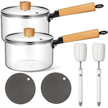 Uiifan 2 Sets Glass Pot for Cooking on Stove Kitchen Glass Cookware Clear Cooking Pot with Lid Handle and Pan Set 60oz Simmer Saucepan Resistant Safe for Pasta Noodle Soup Milk Baby Food (Classic)