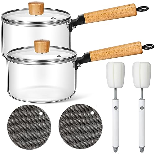 Uiifan 2 Sets Glass Pot for Cooking on Stove Kitchen Glass Cookware Clear Cooking Pot with Lid Handle and Pan Set 60oz Simmer Saucepan Resistant Safe for Pasta Noodle Soup Milk Baby Food (Classic)