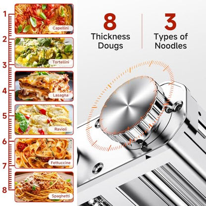 Pasta Maker Attachment for Kitchen Aid Stand Mixers, 304 Stainless Steel, Rust-Proof, 8 Thickness Settings, Easy to Clean, 3 in 1 Accessories for Homemade Spaghetti, Fettuccine, Lasagna