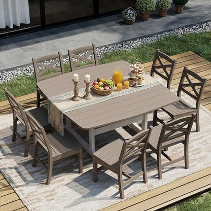Polyhouz Outdoor Dining Set, HDPE 9-Piece Patio Table and Chairs Set, All-Weather Outdoor Dining Table Set for 8 with Umbrella Hole, Durable Patio Furniture Set with Chairs,White Brown