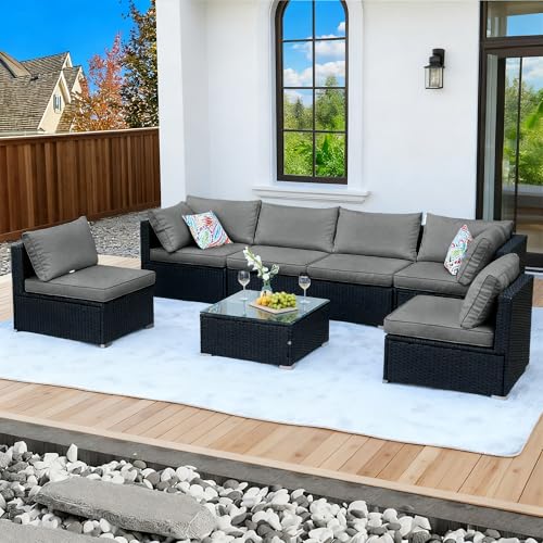 ZJEYEJZ 7 Pieces Black Patio Furniture Set - All-Weather Outdoor Sectional Wicker Conversation Sofa, Rattan Patio Seating Sofa Set with Grey Cushions and Glass Table for Porch Poolside, Spring 2026