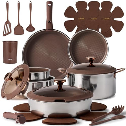 CAROTE 22PCS Stainless Steel Cookware Set, Ceramic Hybrid Nonstick Pots and Pans Set, Titanium Cookware, Kitchen Cookware Set, Induction Safe, Oven Safe, Brown, Mothers Day Gifts
