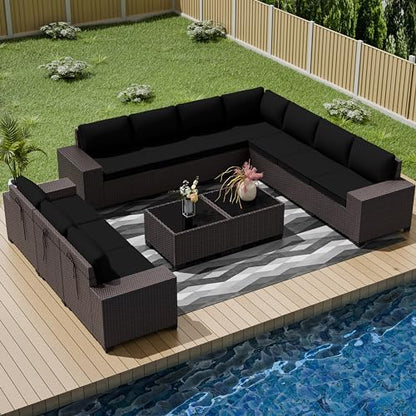 RTDTD 12 PCS Outdoor Patio Furniture Set,Outdoor Sectional Furniture All Weather PE Rattan Wicker Patio Conversation Set with 2 Coffee Tables and 10 Thickened Cushions,Black