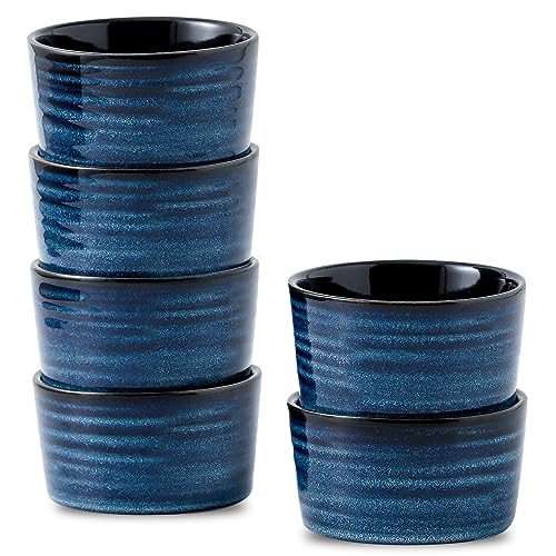 Tikooere Ceramic 4 oz Ramekins Set of 6, Oven Safe Small Creme Brulee Ramekins for Baking, Blue Dipping Bowls for Custard, Ice Cream, Pudding, Porcelain Sauce Cups, Mini Souffle Dish, Microwave Safe