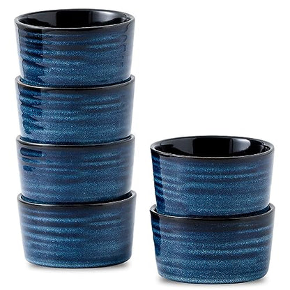 Tikooere Ceramic 4 oz Ramekins Set of 6, Oven Safe Small Creme Brulee Ramekins for Baking, Blue Dipping Bowls for Custard, Ice Cream, Pudding, Porcelain Sauce Cups, Mini Souffle Dish, Microwave Safe