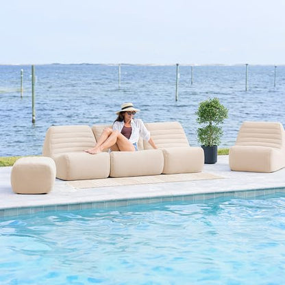 Big Joe Solvana Outdoor Sectional, 7 Piece Patio Furniture Set, Performance Linen Weather-Resistant Fabric Sofa, Sunlit Cream