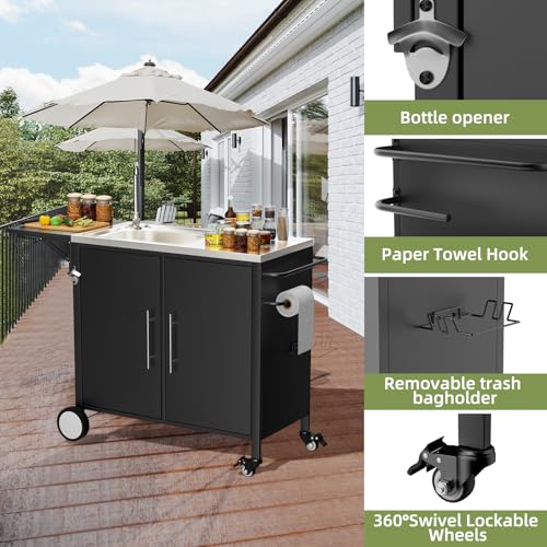 ahomrt Outdoor Grill Table with Sink, Metal Worktable Kitchen Cabinet Island w/ 304 Stainless Steel Sink, Foldable Top and Storage Cabinet, Rolling Grill Cart with Wheels for Garden, Backyard and Lawn