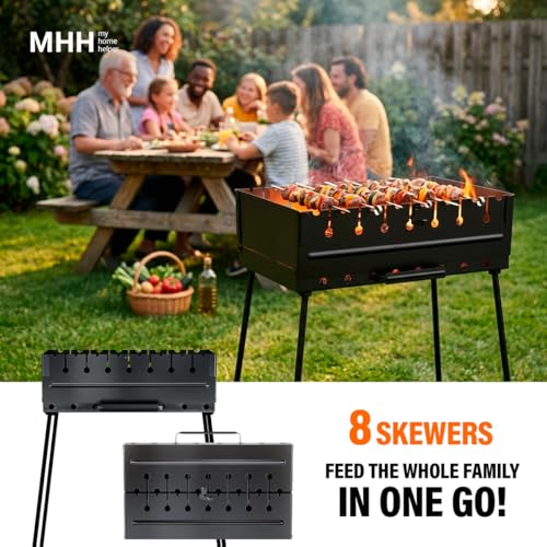 MHH Charcoal Grill for 8 Skewers - Portable Barbecue 16.9""×11.8""×21,2"" Kabob Camp Grills - Foldable Metal Mangal - Kebab Shish - BBQ for EDC Picnic Outdoor Cooking (Skewers Not Included)