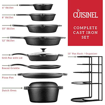 Cast Iron Cookware 18-Piece Set - Pre-Seasoned 6" + 8" + 10" + 12" Skillet + Grill Pan+Lid + Griddle + Pizza Pan + Dutch Oven+Cover/Pan + Panrack + Silicone Handle Cover + Pan Scraper/Cleaner