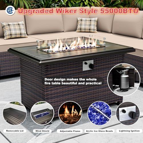 ASJMR 10 Pieces Patio Furniture Set with 2 Swivel Chairs Patio Furniture Outdoor Sectional Sofas with 55000 Gas Fire Pit Patio Conversation Set w/7 Cushions-Brown