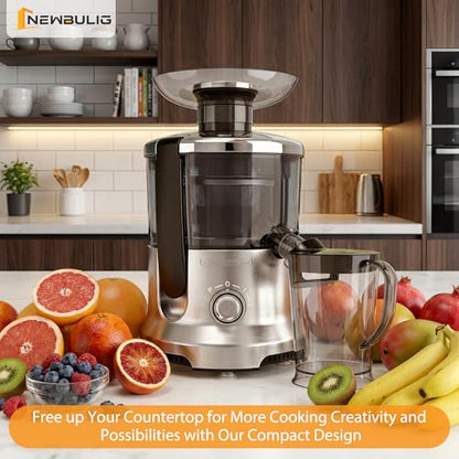 NEWBULIG Centrifugal Juicer, 600W Juicer Machine with 2.5" Feed Chute & 17,000 RPM, 3-Speed Juice Extractor for Whole Fruits Vegetables, Easy to Clean, BPA-Free, Silver