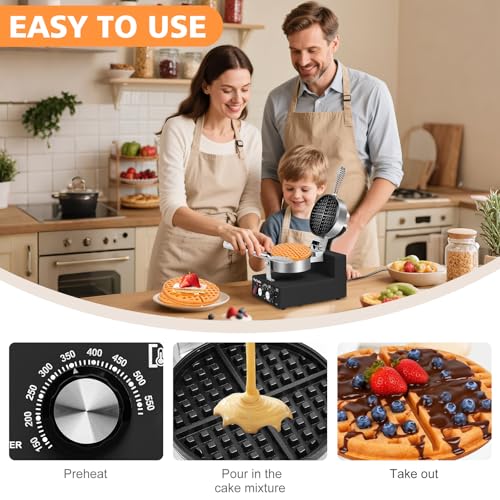Popfoodex Commercial Waffle Maker for Restaurant, 110V Electric Waffle Maker w/Non-stick and 122–572°F Adjustable Temp, 1200W Profession Waffle Iron with Timer and Heavy Duty, Hotel Waffle Machine