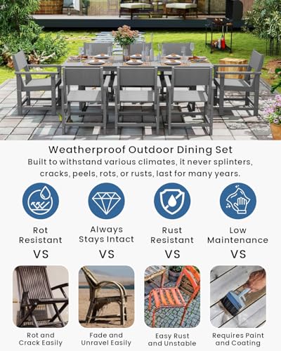 BIVODA 9-Piece Outdoor Dining Set, HDPE Weatherproof Patio Table and Chairs Set for 8, Outdoor Patio Furniture Sets with Umbrella Hole for Outside, Deck, Backyard, Garden (Grey)