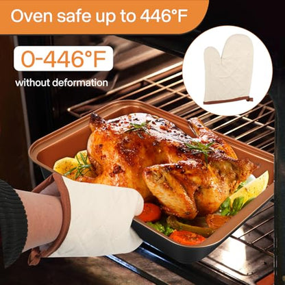 Barlket Baking Pans Set 6-Pieces, Non Stick Bakeware Set Stackable, with Cookie Sheet, Muffin, Round/Square Cake Pan, Loaf Pan, Rack, Oven Mitt for Home Baker, Gold