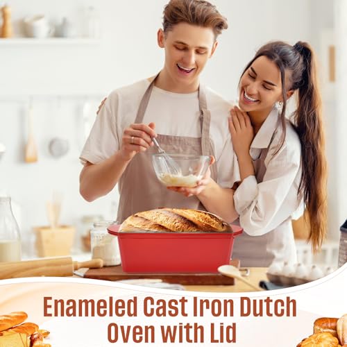 Teenyyou Enamelled Cast Iron Dutch Oven Pot with Lid 4QT Heavy Duty Cast Iron Bread Pan with Dual Handles Nonstick Enameled Cookware for Sourdough Bread Baking Roasting Stewing Braising Frying, Red