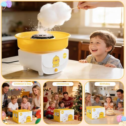 Cotton Candy Machine for Kids, Countertop Cotton Candy Maker Homemade Candy Sweets for Birthday Parties, Includes a Scoop and 10 Candy Cones, Adorable Yellow Duck Cartoon Design