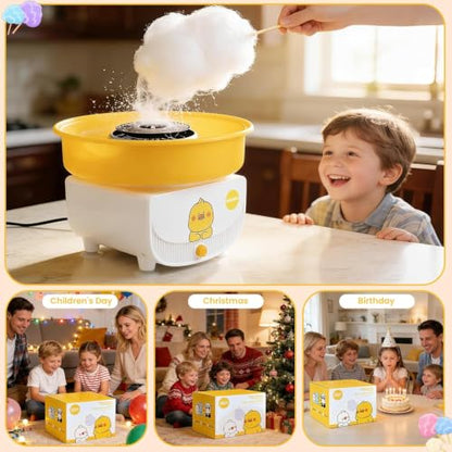 Cotton Candy Machine for Kids, Countertop Cotton Candy Maker Homemade Candy Sweets for Birthday Parties, Includes a Scoop and 10 Candy Cones, Adorable Yellow Duck Cartoon Design