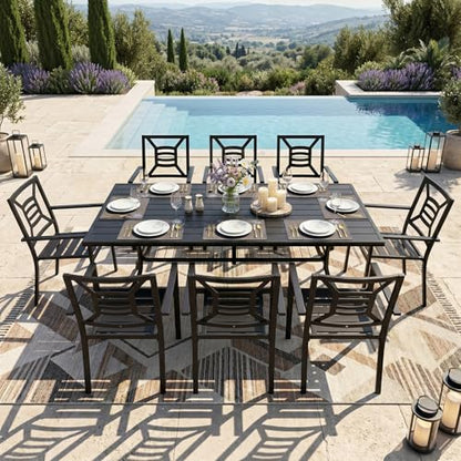SAILARY 9 Pieces Patio Dining Set for 8, Large 77" Outdoor Metal Table with Universa Umbrella Hole & Stackable Iron Chairs, Patio Furniture Set for Deck, Backyard, Yard, Porch