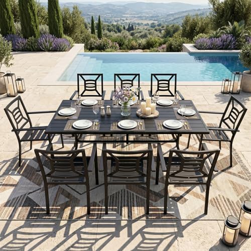 SAILARY 9 Pieces Patio Dining Set for 8, Large 77" Outdoor Metal Table with Universa Umbrella Hole & Stackable Iron Chairs, Patio Furniture Set for Deck, Backyard, Yard, Porch