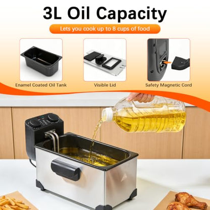 CATTLEMAN Deep Fryer with Oil Filtration, 1600W, 3L, Stainless Steel