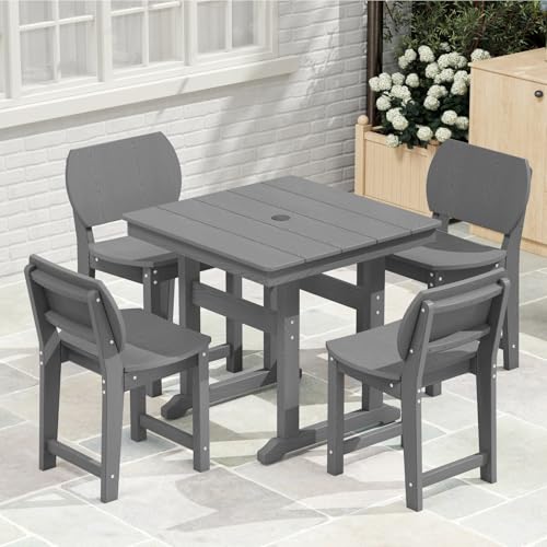 BIVODA 5-Piece HDPE Outdoor Dining Set, Weatherproof Patio Table and Chairs Set for 4, Includes 1 Square Table and 6 Armless Chairs, with Umbrella Hole (Grey)