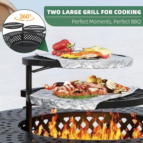 43 Inch Fire Pit with 2 Grill, Outdoor Wood Burning Firepit with Lid, Metal Round Table for Backyard Patio Garden Picnic Camping Bonfire